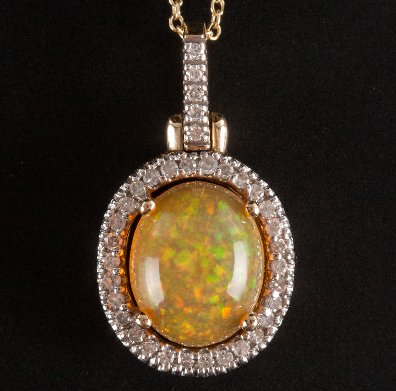 14k Yellow Gold Oval Cabochon Fire Opal Diamond Halo Necklace 1.485ctw 3.29g