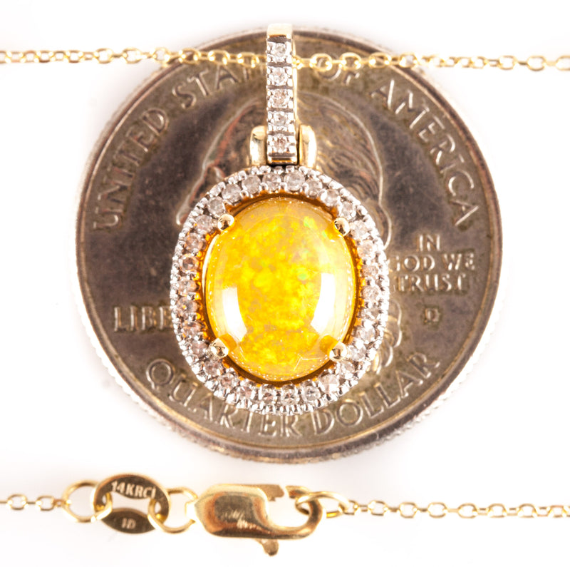 14k Yellow Gold Oval Cabochon Fire Opal Diamond Halo Necklace 1.485ctw 3.29g