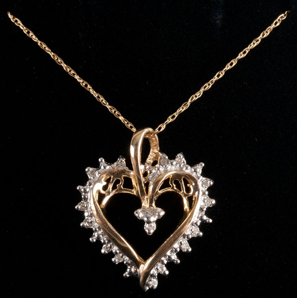 10k Yellow White Gold Round Diamond Two-Tone Heart Style Necklace .0425ctw