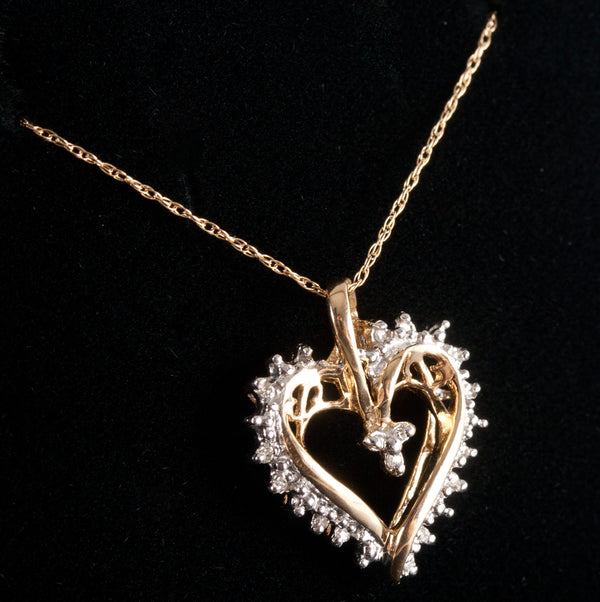 10k Yellow White Gold Round Diamond Two-Tone Heart Style Necklace .0425ctw
