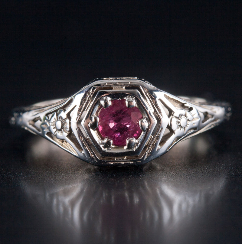 14k White Gold Round AA Ruby Solitaire Filigree Style Ring .32ct 2.43g