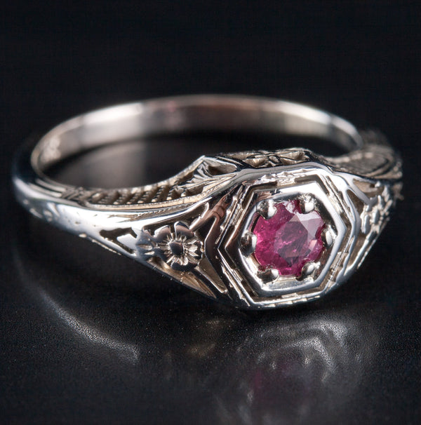 14k White Gold Round AA Ruby Solitaire Filigree Style Ring .32ct 2.43g
