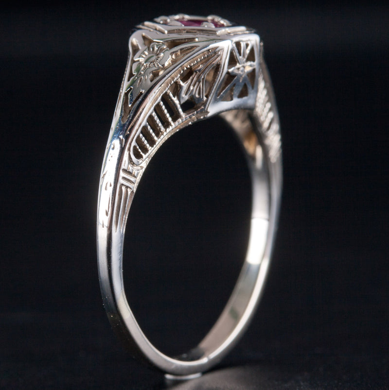 14k White Gold Round AA Ruby Solitaire Filigree Style Ring .32ct 2.43g