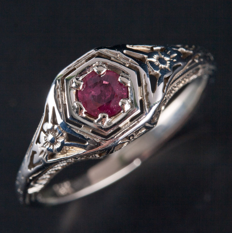 14k White Gold Round AA Ruby Solitaire Filigree Style Ring .32ct 2.43g