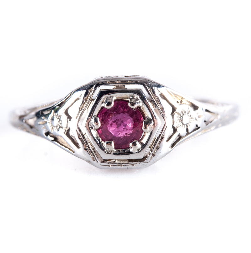 14k White Gold Round AA Ruby Solitaire Filigree Style Ring .32ct 2.43g