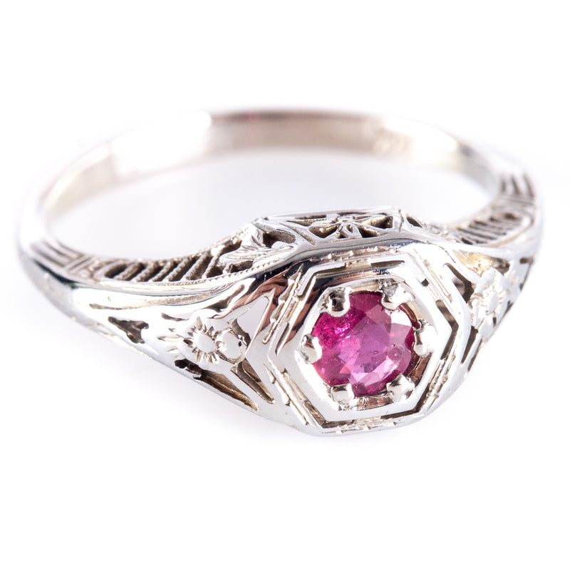 14k White Gold Round AA Ruby Solitaire Filigree Style Ring .32ct 2.43g