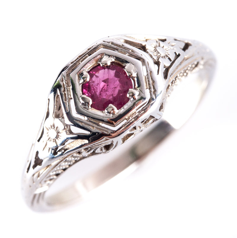 14k White Gold Round AA Ruby Solitaire Filigree Style Ring .32ct 2.43g