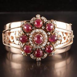 Vintage 1900s 14k Yellow Gold Cabochon Ruby Rose Diamond Bracelet 10.67ctw 57.4g