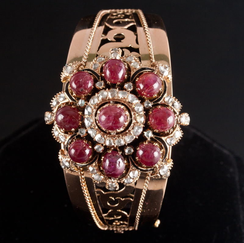 Vintage 1900s 14k Yellow Gold Cabochon Ruby Rose Diamond Bracelet 10.67ctw 57.4g