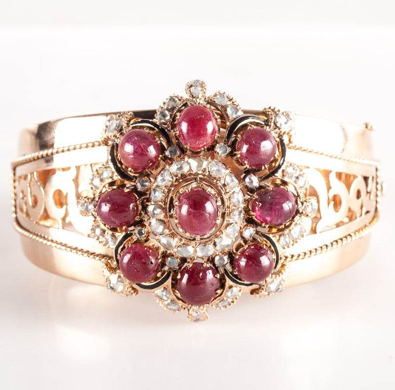 Vintage 1900s 14k Yellow Gold Cabochon Ruby Rose Diamond Bracelet 10.67ctw 57.4g