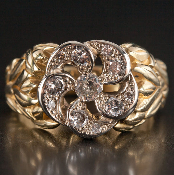 18k Yellow White Gold Two-Tone Old Euro Diamond Floral Ring .425ctw 15.5g