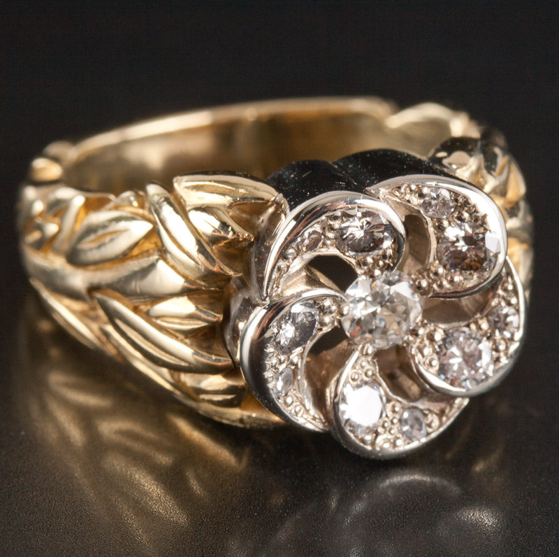 18k Yellow White Gold Two-Tone Old Euro Diamond Floral Ring .425ctw 15.5g