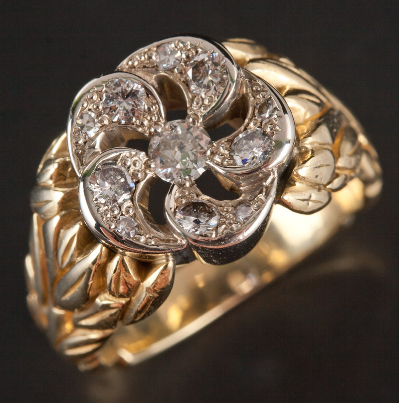 18k Yellow White Gold Two-Tone Old Euro Diamond Floral Ring .425ctw 15.5g