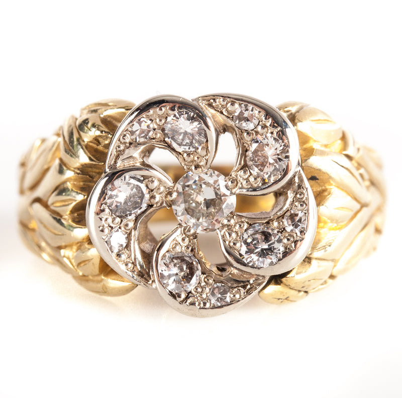 18k Yellow White Gold Two-Tone Old Euro Diamond Floral Ring .425ctw 15.5g