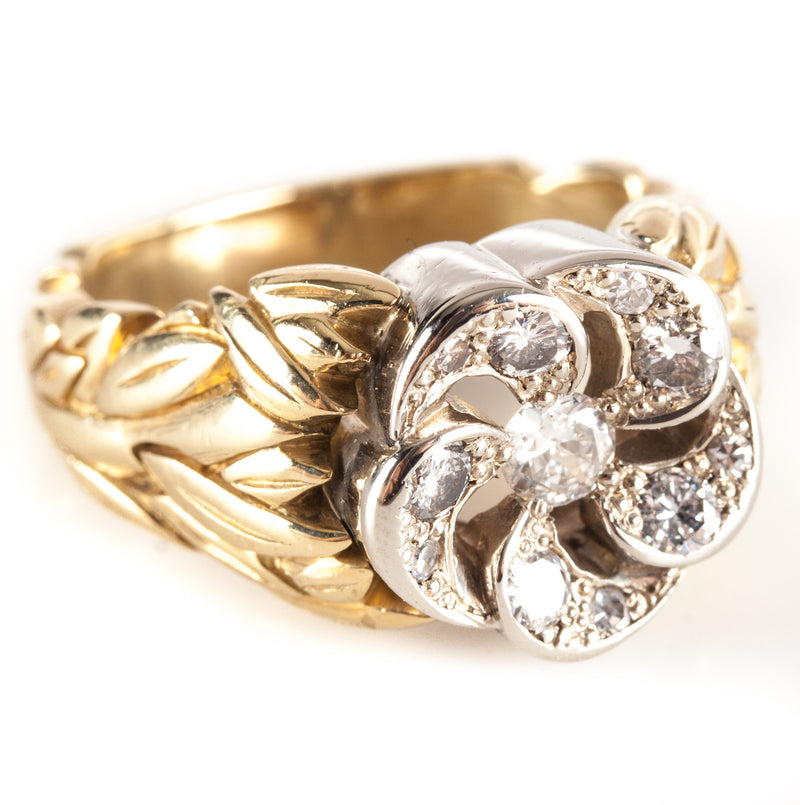 18k Yellow White Gold Two-Tone Old Euro Diamond Floral Ring .425ctw 15.5g