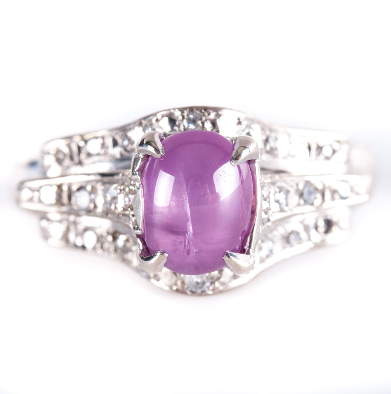 Vintage 1930's 18k White Gold Cabochon Pink Star Sapphire Diamond Ring 1.21ctw