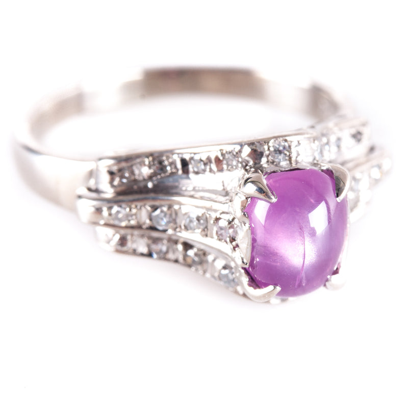 Vintage 1930's 18k White Gold Cabochon Pink Star Sapphire Diamond Ring 1.21ctw