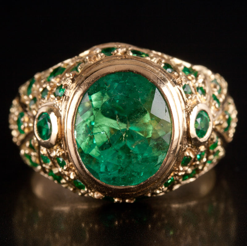 18k Yellow Gold Oval Round Emerald Cluster Cocktail Ring 5.36ctw 10.65g