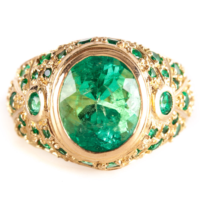 18k Yellow Gold Oval Round Emerald Cluster Cocktail Ring 5.36ctw 10.65g