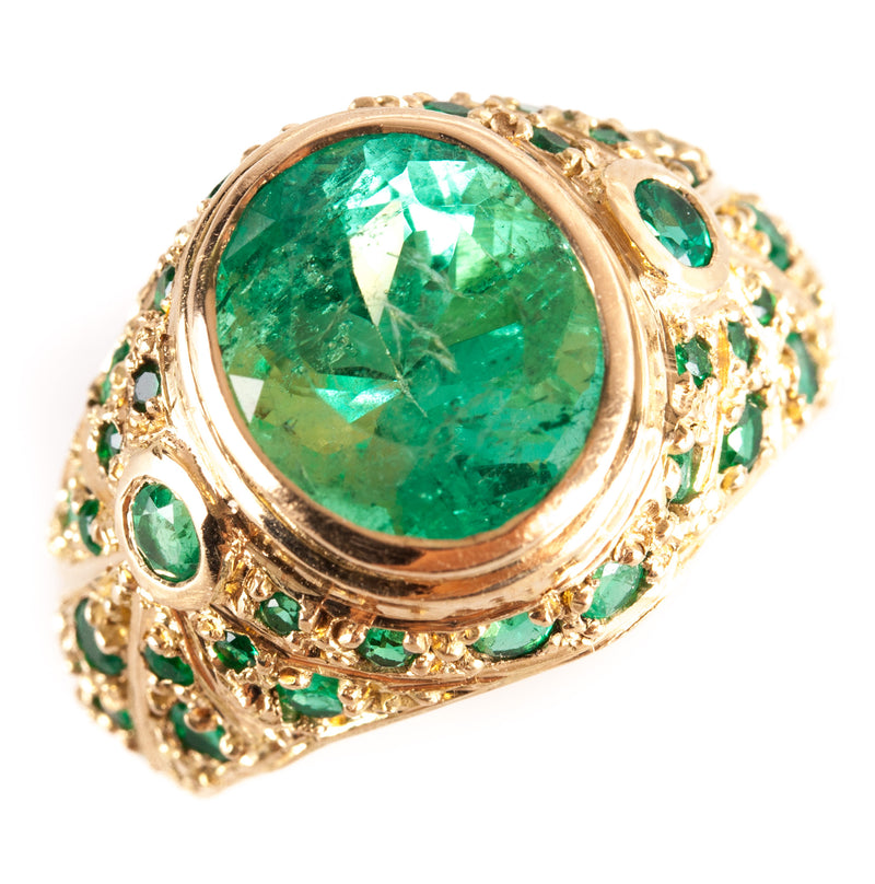 18k Yellow Gold Oval Round Emerald Cluster Cocktail Ring 5.36ctw 10.65g