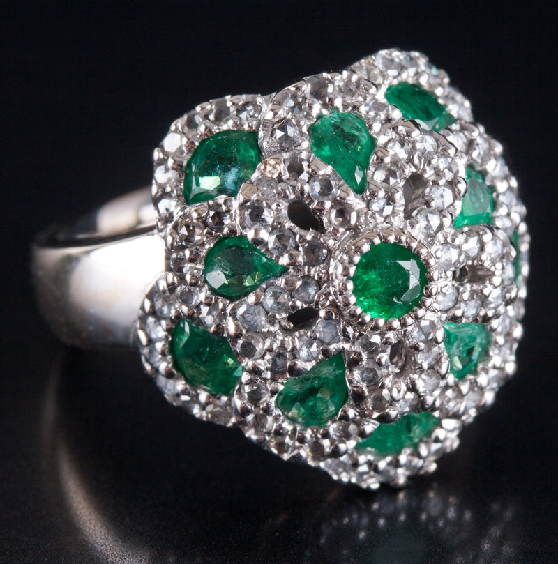 18k Yellow Gold Rhodium Plated Emerald Diamond Cocktail Style Ring 1.95ctw 9.5g