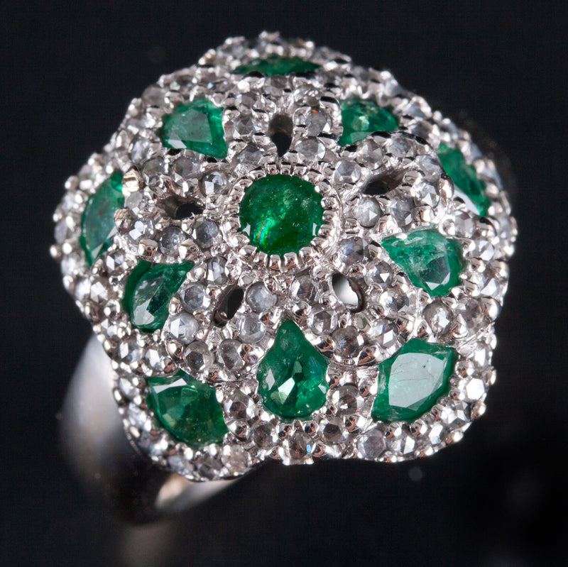 18k Yellow Gold Rhodium Plated Emerald Diamond Cocktail Style Ring 1.95ctw 9.5g