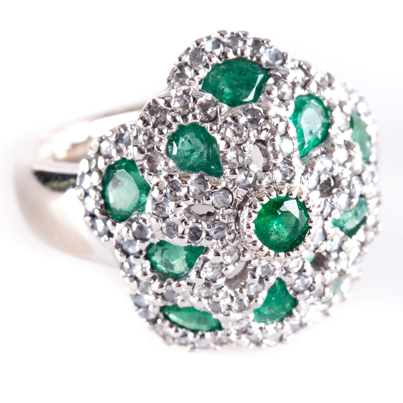 18k Yellow Gold Rhodium Plated Emerald Diamond Cocktail Style Ring 1.95ctw 9.5g