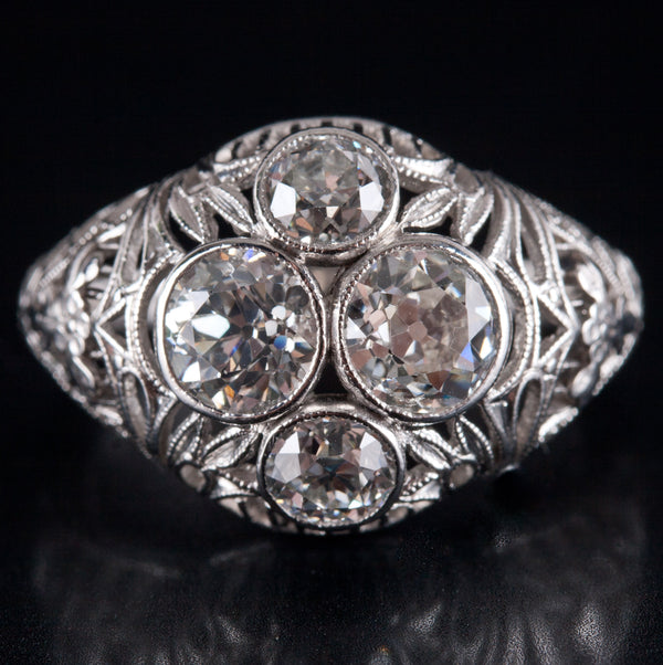 Vintage 1930s Platinum Old Euro Diamond Filigree Engagement Ring 1.50ctw 5.45g
