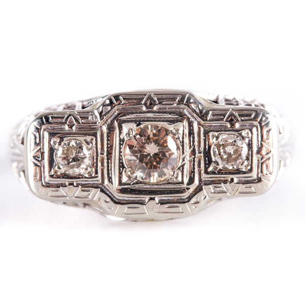 Vintage 1930s 14k White Gold Top Light Brown Diamond Filigree Engagement Ring