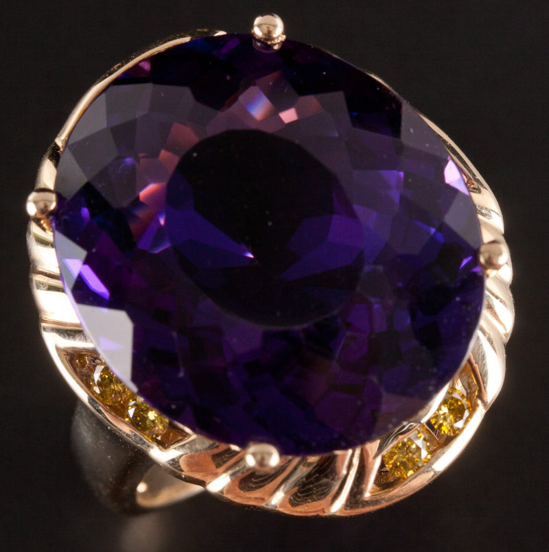 14k Yellow Gold Oval Amethyst Solitaire Ring W/ Yellow Diamond Accents 20.78ctw