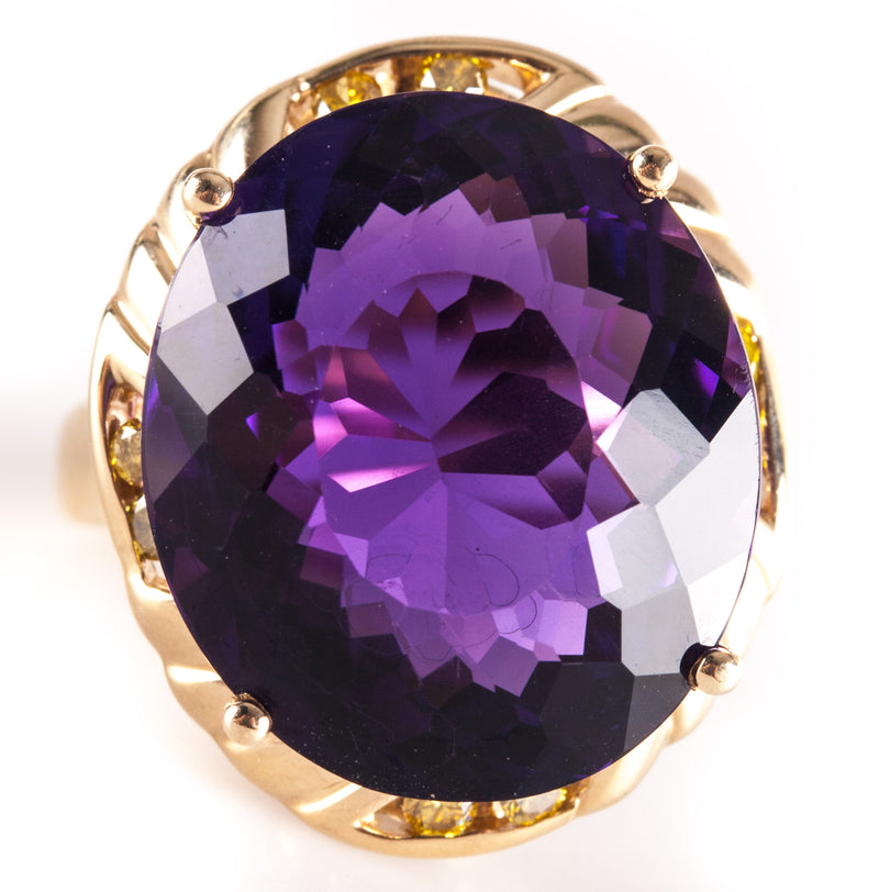 14k Yellow Gold Oval Amethyst Solitaire Ring W/ Yellow Diamond Accents 20.78ctw