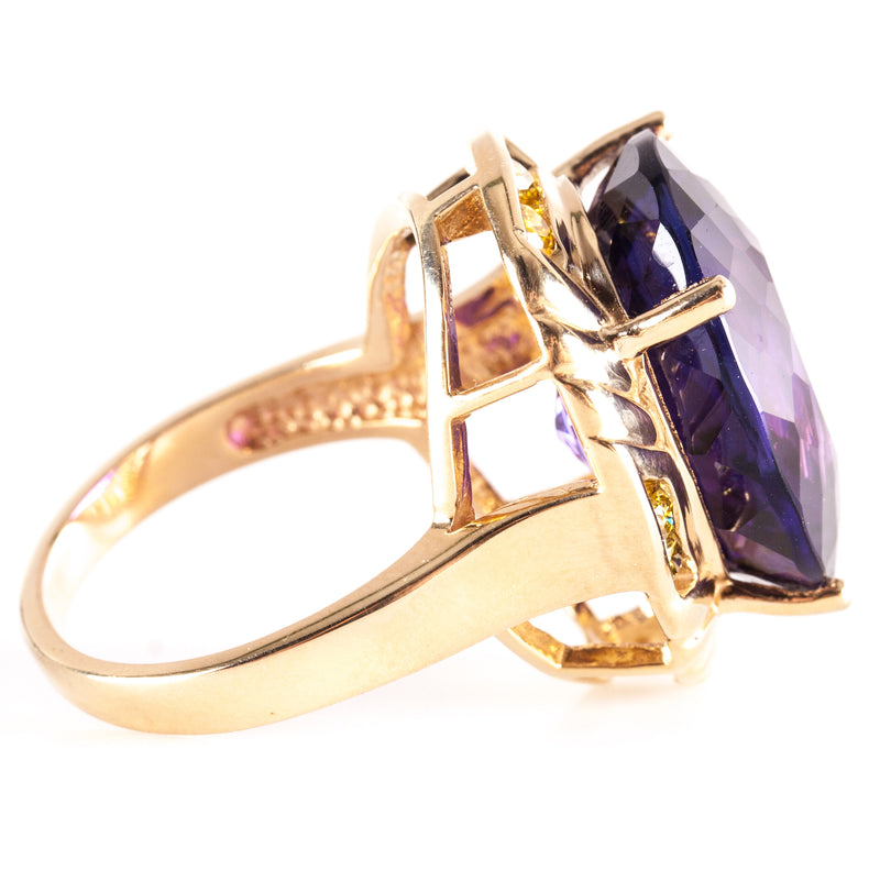 14k Yellow Gold Oval Amethyst Solitaire Ring W/ Yellow Diamond Accents 20.78ctw