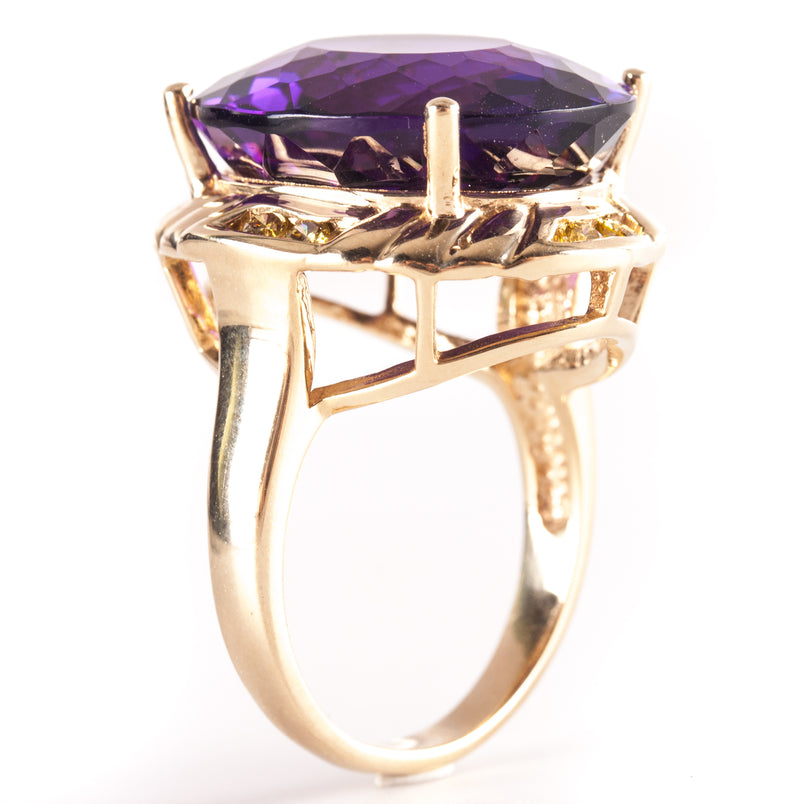 14k Yellow Gold Oval Amethyst Solitaire Ring W/ Yellow Diamond Accents 20.78ctw