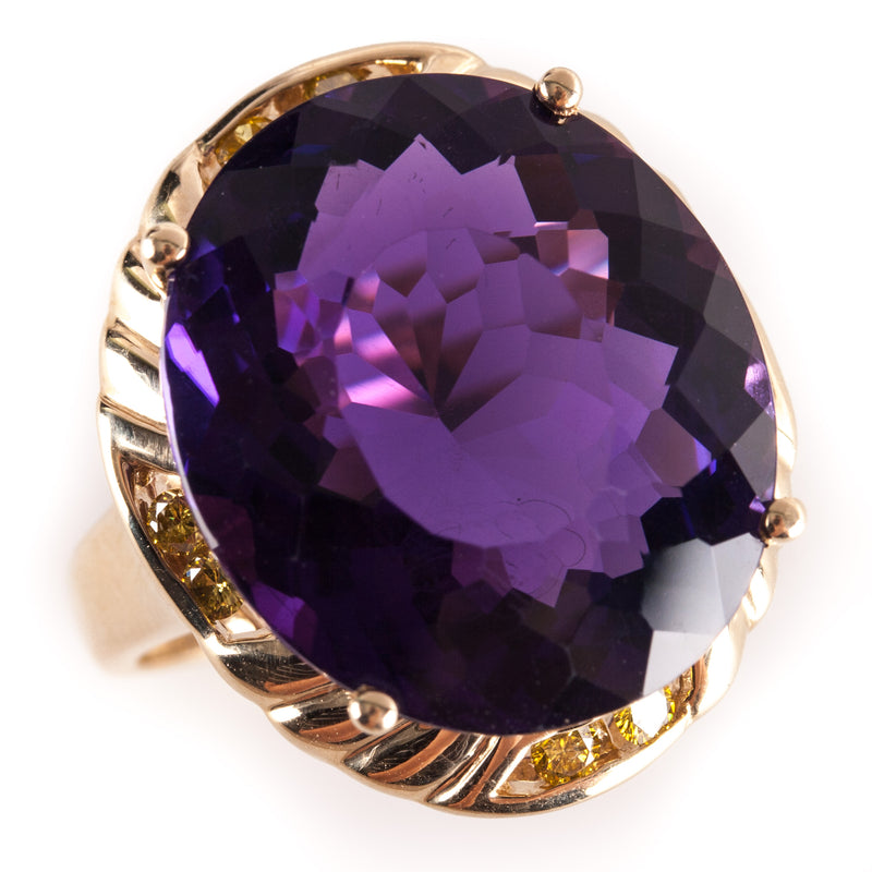 14k Yellow Gold Oval Amethyst Solitaire Ring W/ Yellow Diamond Accents 20.78ctw