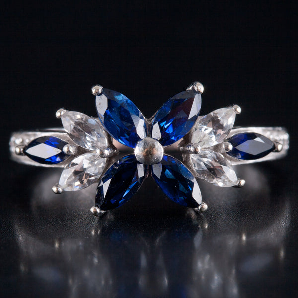 10k White Gold Marquise Blue & White Cubic Zirconia Floral Style Ring 2.34g