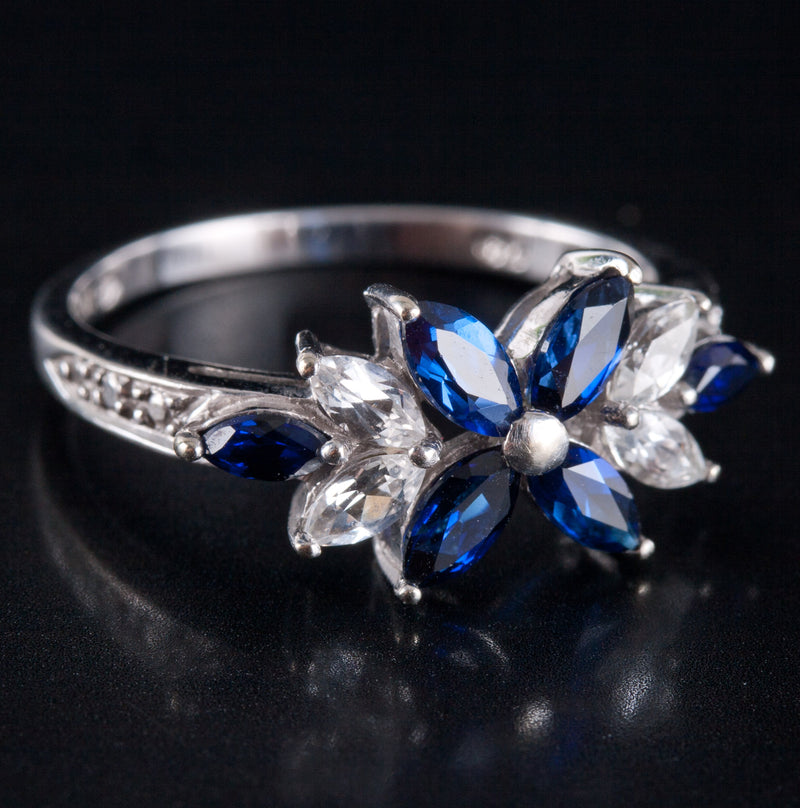 10k White Gold Marquise Blue & White Cubic Zirconia Floral Style Ring 2.34g