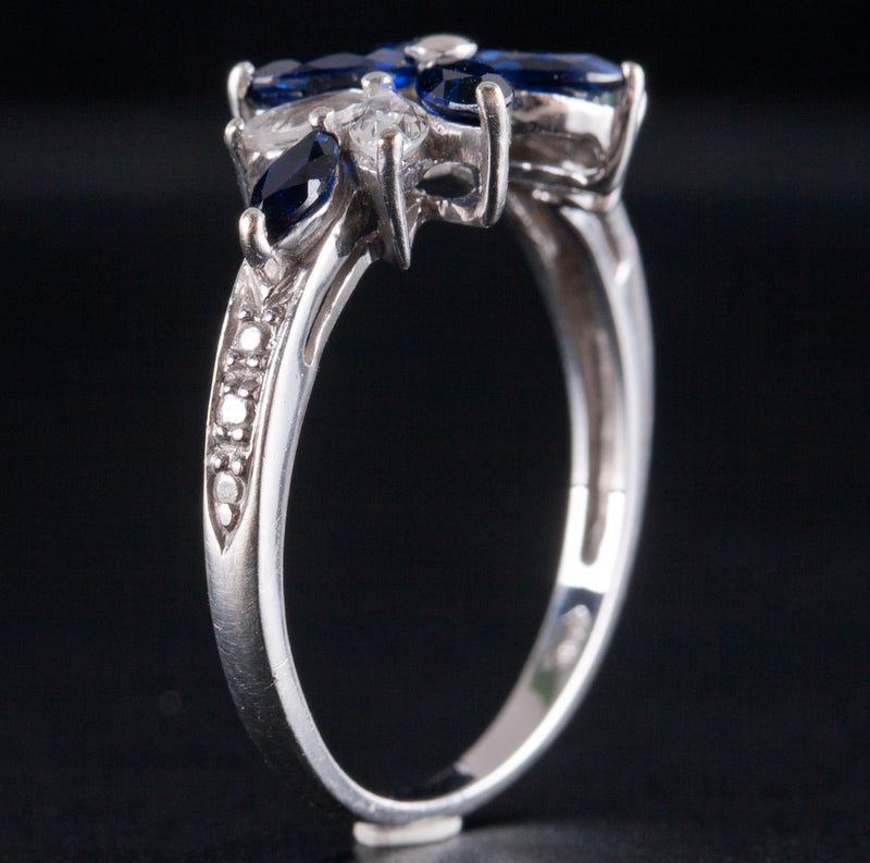 10k White Gold Marquise Blue & White Cubic Zirconia Floral Style Ring 2.34g