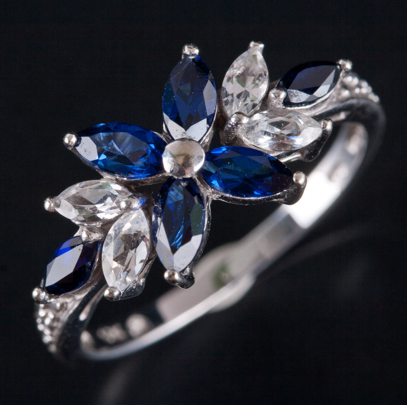 10k White Gold Marquise Blue & White Cubic Zirconia Floral Style Ring 2.34g