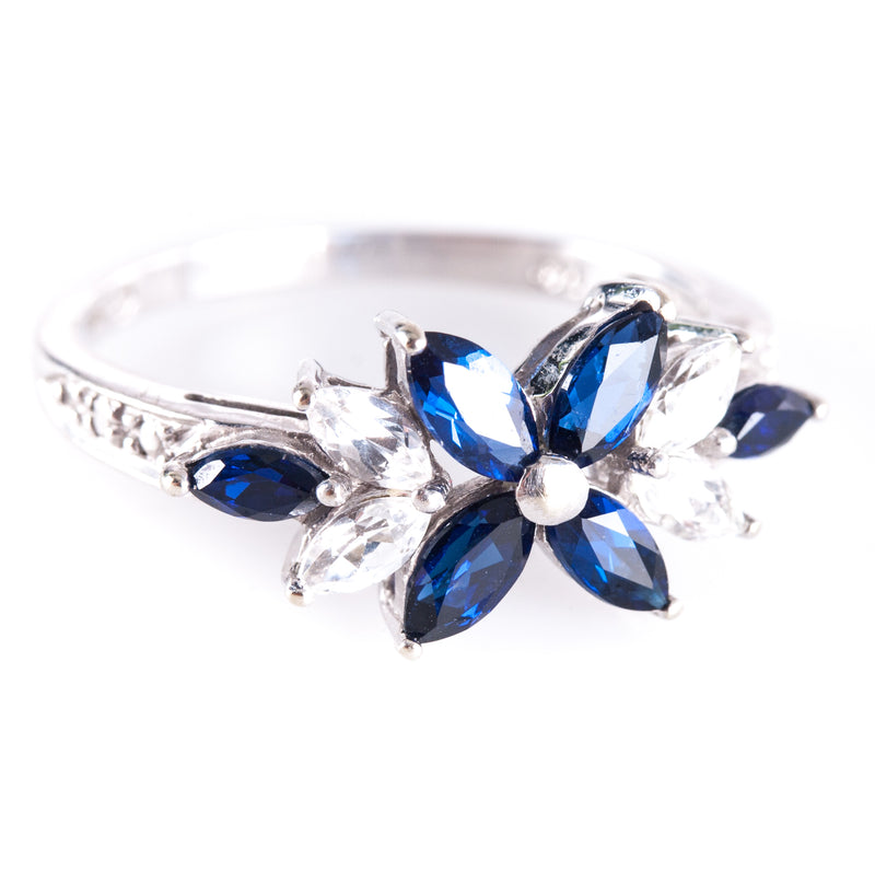 10k White Gold Marquise Blue & White Cubic Zirconia Floral Style Ring 2.34g