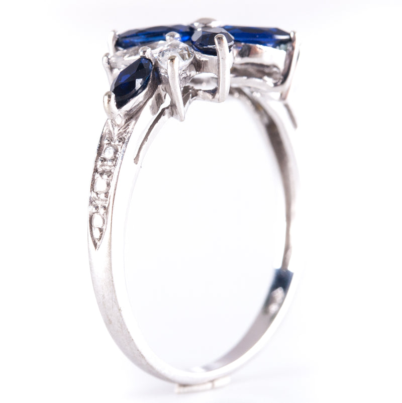 10k White Gold Marquise Blue & White Cubic Zirconia Floral Style Ring 2.34g