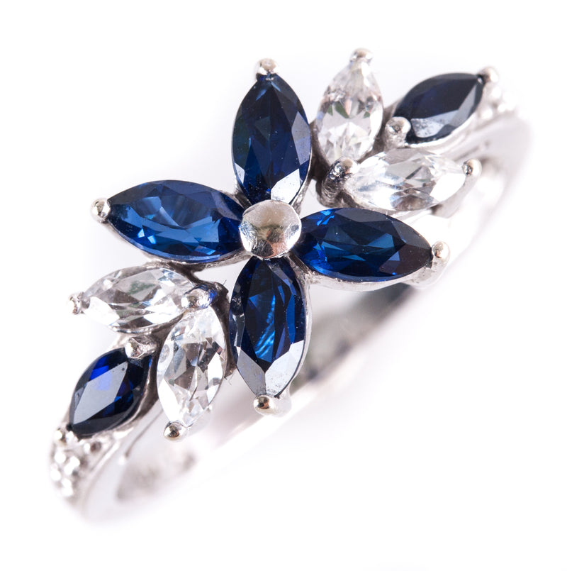 10k White Gold Marquise Blue & White Cubic Zirconia Floral Style Ring 2.34g