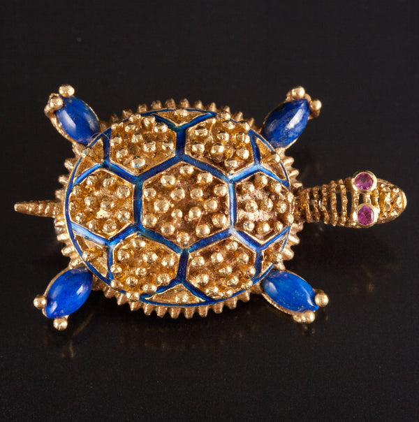 Vintage 1950's 18k / 14k Yellow Gold Lapis Lazuli Lab-Created Ruby Turtle Brooch