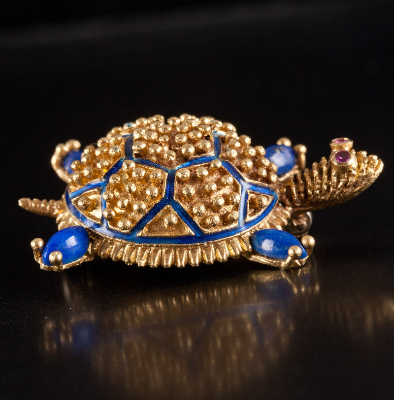 Vintage 1950's 18k / 14k Yellow Gold Lapis Lazuli Lab-Created Ruby Turtle Brooch