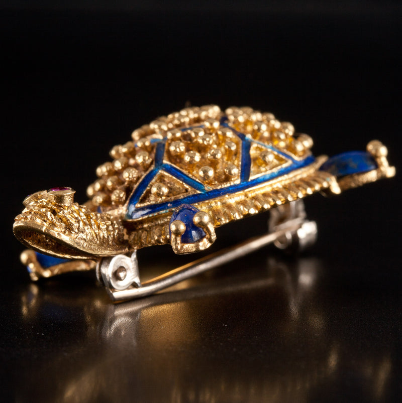 Vintage 1950's 18k / 14k Yellow Gold Lapis Lazuli Lab-Created Ruby Turtle Brooch