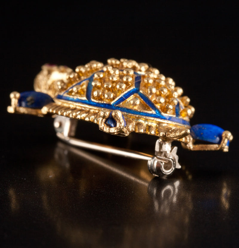 Vintage 1950's 18k / 14k Yellow Gold Lapis Lazuli Lab-Created Ruby Turtle Brooch