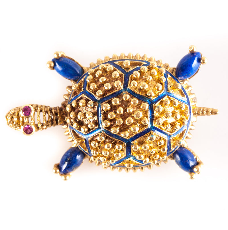 Vintage 1950's 18k / 14k Yellow Gold Lapis Lazuli Lab-Created Ruby Turtle Brooch