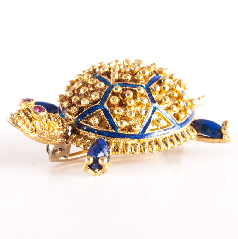 Vintage 1950's 18k / 14k Yellow Gold Lapis Lazuli Lab-Created Ruby Turtle Brooch