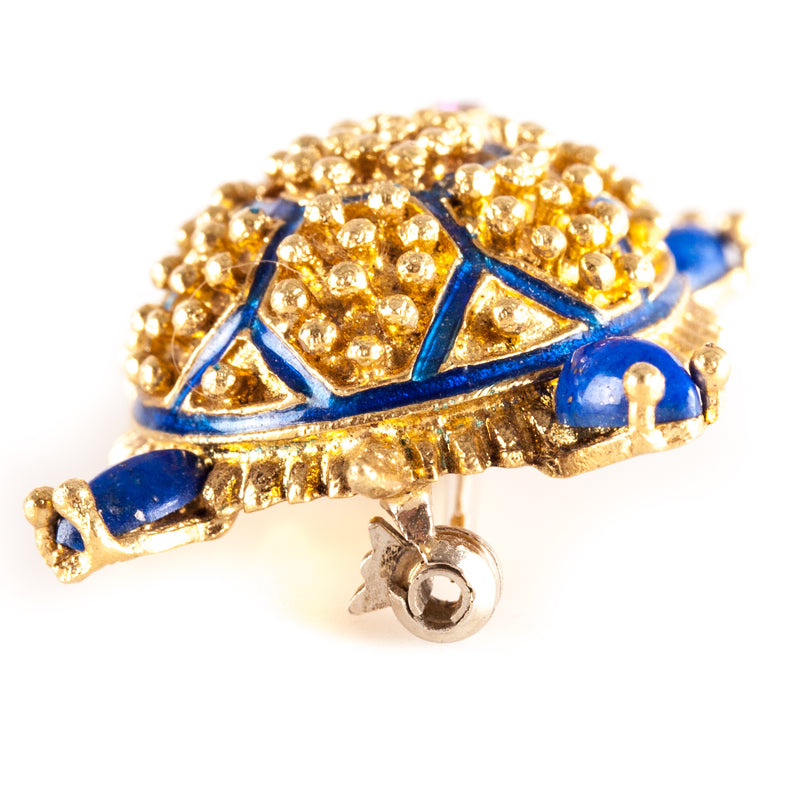 Vintage 1950's 18k / 14k Yellow Gold Lapis Lazuli Lab-Created Ruby Turtle Brooch