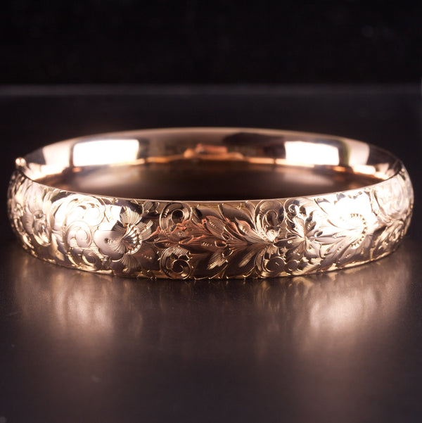 14k Rose Gold Etched Style Hollow Hinged Bangle Bracelet 19.4g 7.25" Length
