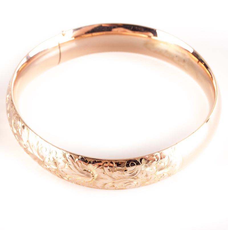 14k Rose Gold Etched Style Hollow Hinged Bangle Bracelet 19.4g 7.25" Length